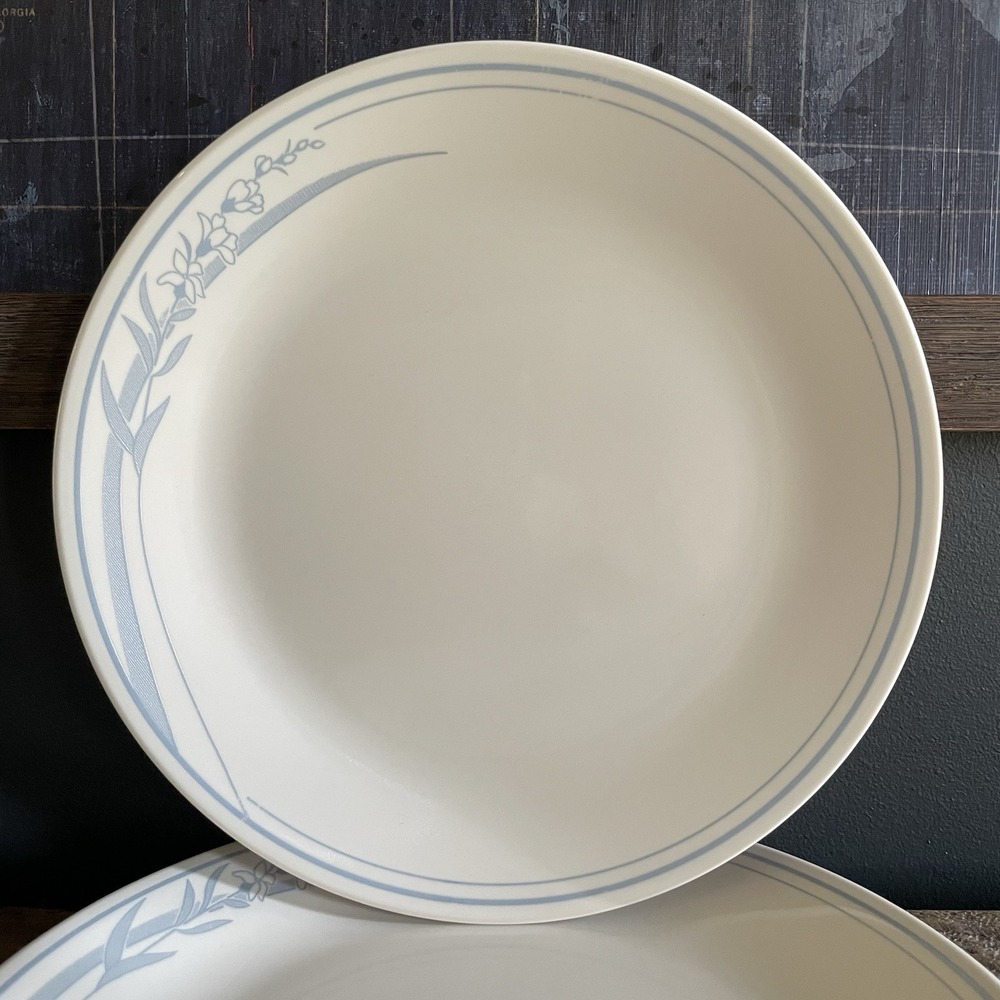 2 Corning CORELLE Blue Lily 10.25" Dinner Plates Floral Vitrelle Glass 80s 90s